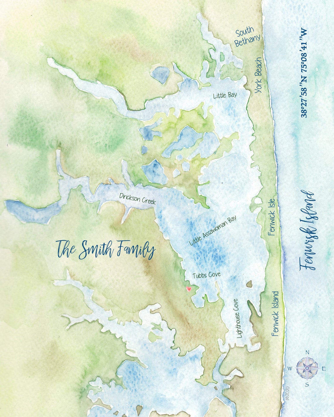 Fenwick Island DE Watercolor Map 8x10 - Etsy