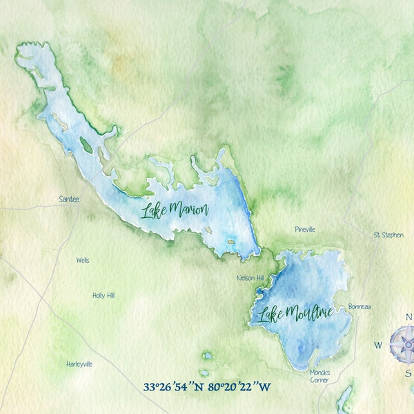 Lake Marion Lake Moultrie Watercolor Map