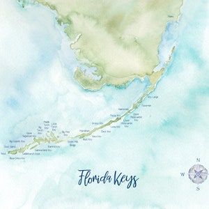 May include: A watercolor illustration of the Florida Keys, showing the islands and the surrounding water. The map includes the names of the islands, such as Key West, Marathon, and Key Largo. The map also includes a compass rose.