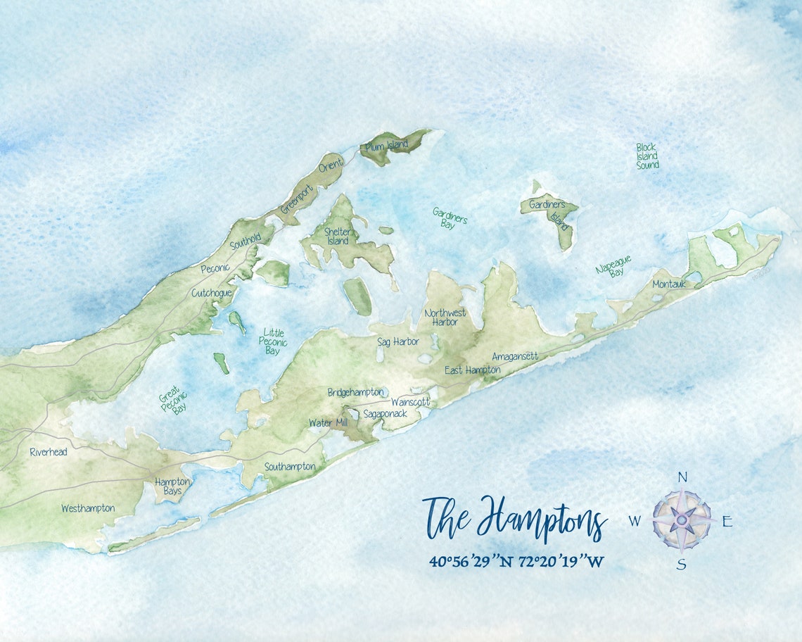 The Hamptons Watercolor Map 8x10 Etsy