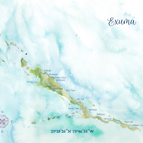 Exuma Bahamas Watercolor Map