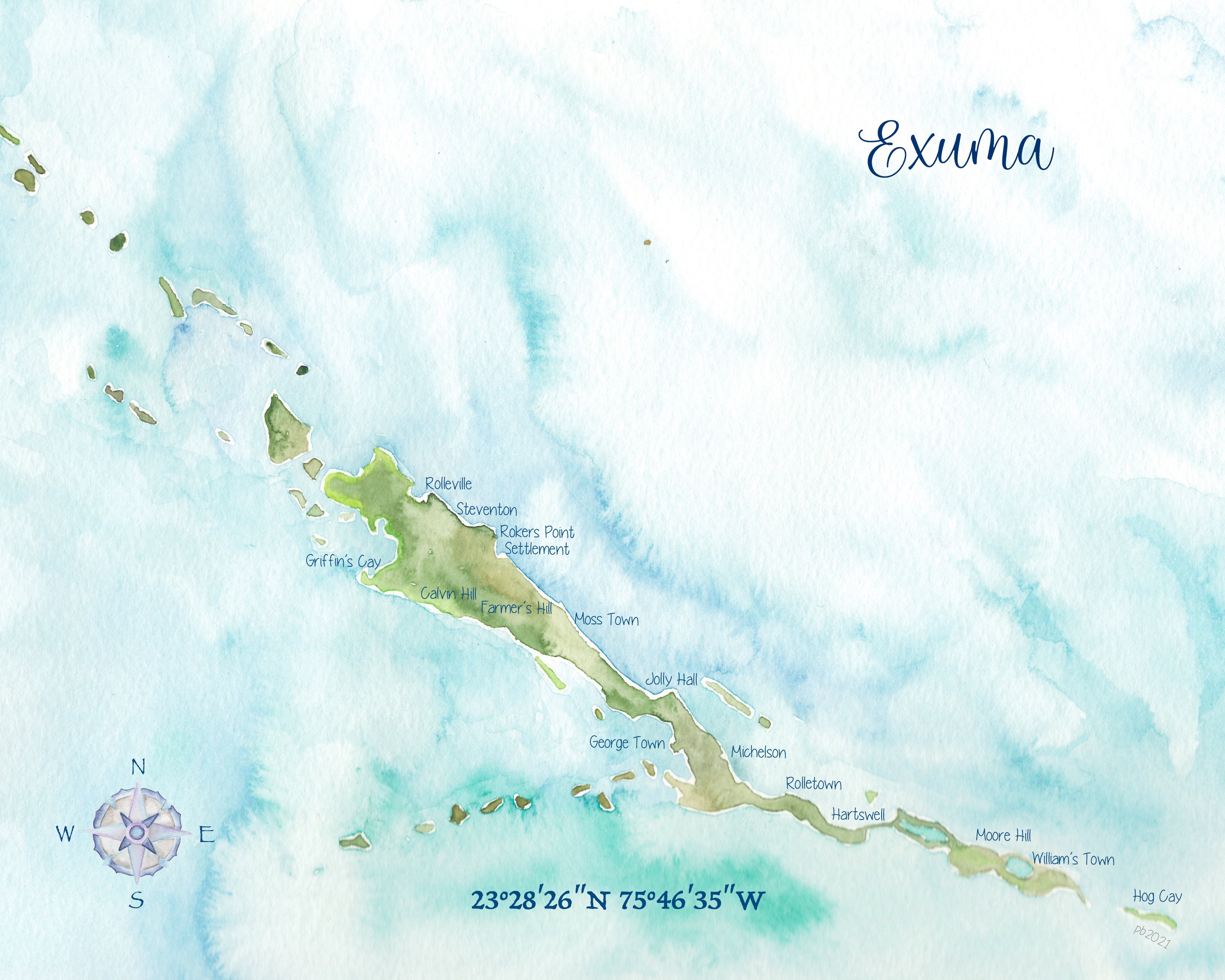 Exuma Bahamas Watercolor Map Etsy