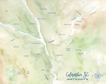 Columbia SC Watercolor Map 8x10
