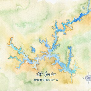May include: Watercolor painting of Lake Sinclair, Georgia. The lake is depicted in shades of blue, with a light yellow and green background. The text "Lake Sinclair" and the coordinates "33°16′25″N 83°14′37″W" are written in blue below the lake.