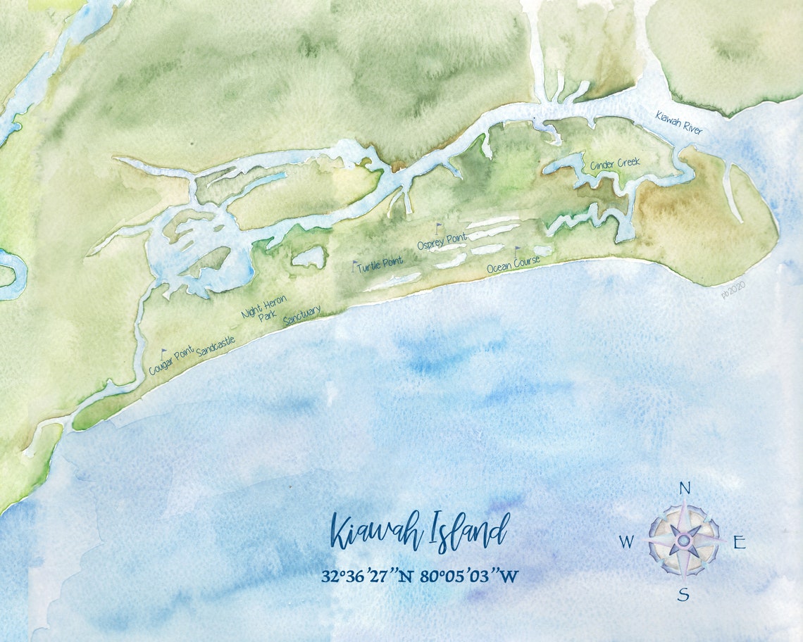 Kiawah Island Detailed Watercolor Map 8x10 Etsy