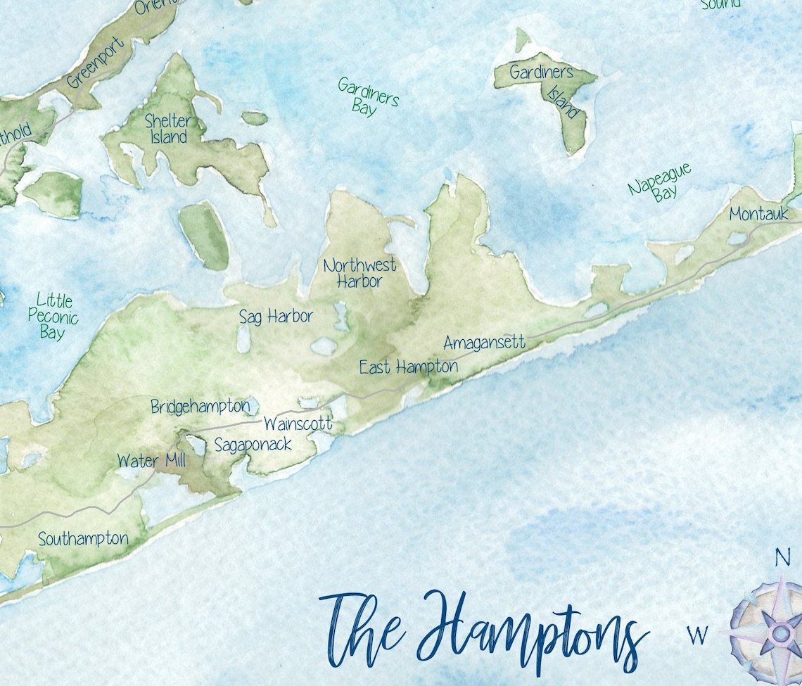 The Hamptons Watercolor Map 8x10 Etsy