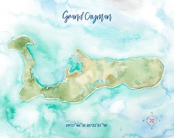 Grand Cayman Watercolor Map, Customized Gift, Art Print