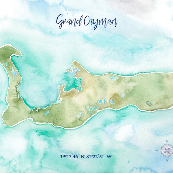 Grand Cayman Watercolor Map, Customized Gift, Art Print