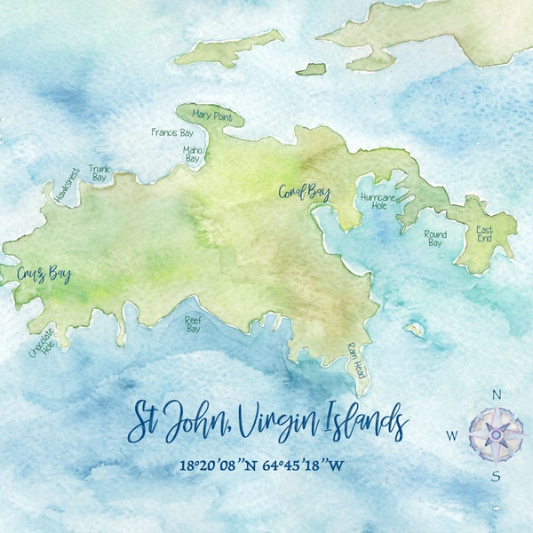 St Johns Virgin Island Watercolor Map