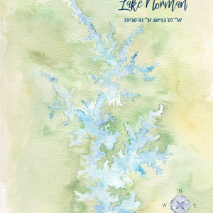 May include: A watercolor painting of Lake Norman, a large lake in North Carolina. The lake is depicted in shades of blue and green, with a compass rose in the lower right corner. The text "Lake Norman" and the coordinates "35°30′41″N 80°55'07"W" are also included in the image.