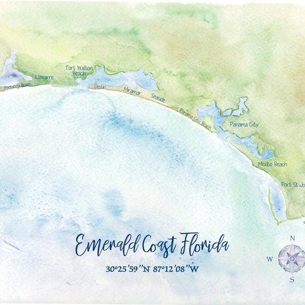 Emerald Coast FL Watercolor Map Destin Navarre Panama City