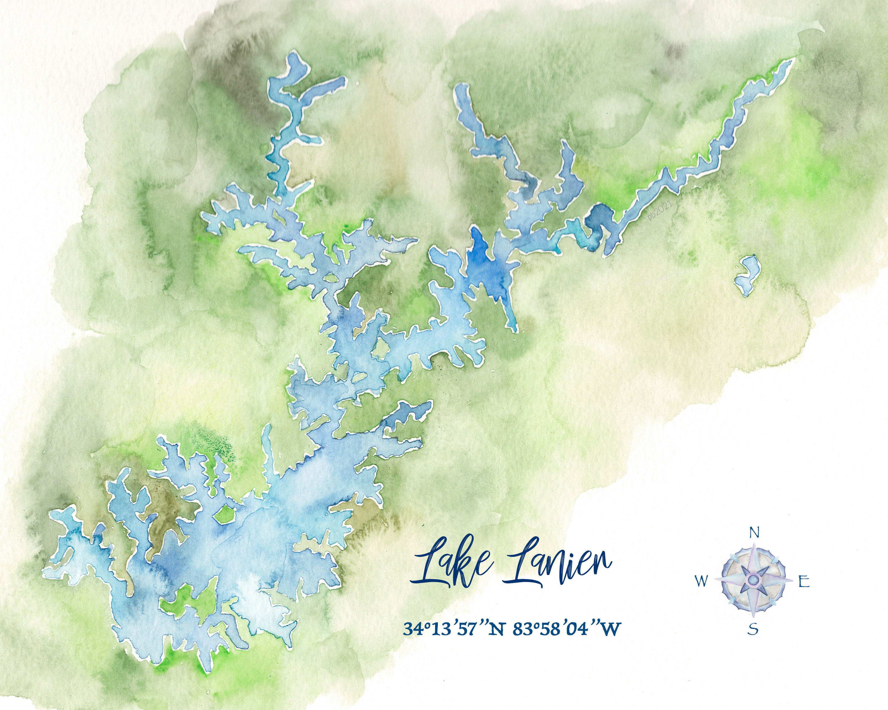 Lake Lanier GA Watercolor Map Etsy