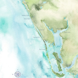 May include: A watercolor map of the southwest coast of Florida, showing the location of various cities and towns, including Sarasota, Siesta Key, Venice, Nokomis Beach, Englewood, Punta Gorda, Manasota Key, Boca Grande, Captiva, Sanibel, and Cape Coral. The map also includes the coordinates 27°04′37″N 82°26′59″W.