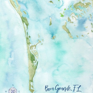 May include: A watercolor painting of Boca Grande, Florida, a long, narrow island with a compass rose in the lower left corner. The coordinates 26°44′18″N 82°15′48″W are written below the island.