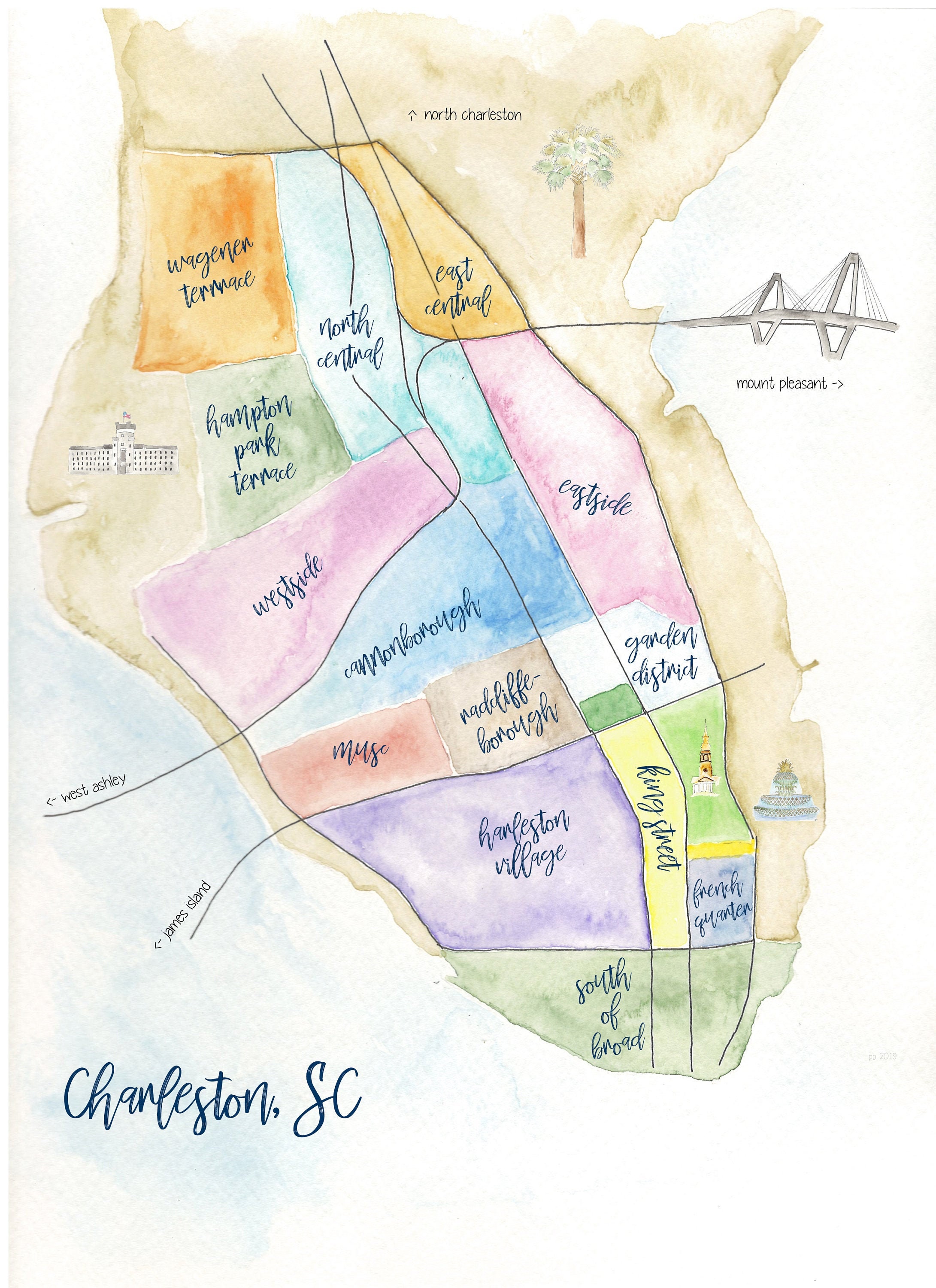 Map Of Charleston Sc Neighborhoods Charleston Neighborhood Watercolor Map Etsy Israel