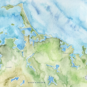 Hingham Cohasset MA Watercolor Map