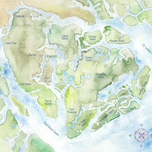 Beaufort St Helena Fripp Island SC Watercolor Map