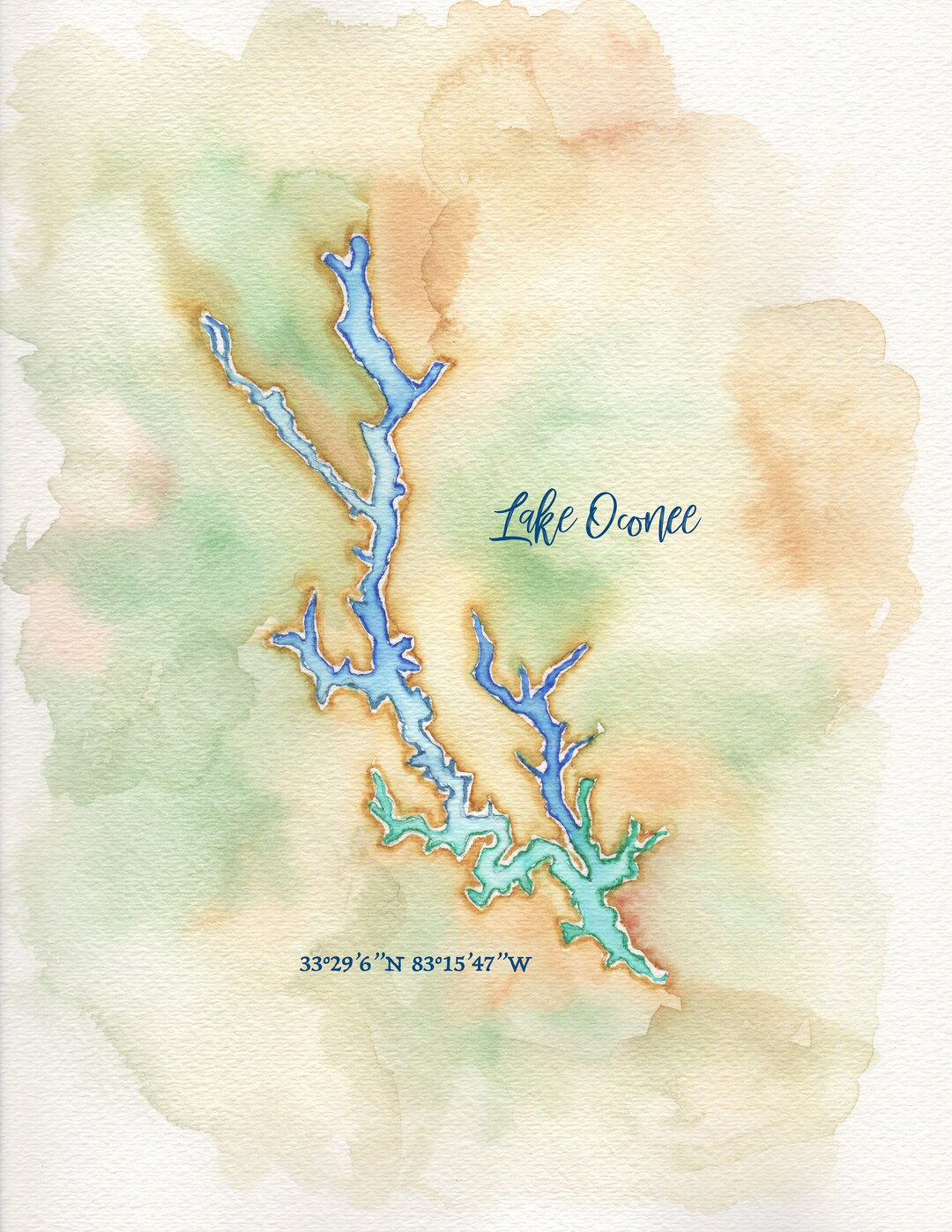 Lake Oconee GA Watercolor Map - Etsy