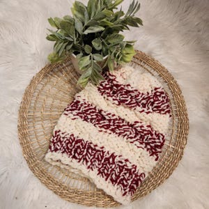 Handmade Loom Knit Red & Cream Striped Winter Stocking Hat