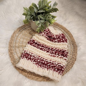Handmade Loom Knit Red & Cream Striped Winter Stocking Hat