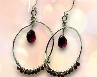 Hammered Sterling Silver Hoop Earrings with Garnet Accent: January Birthstone Gift