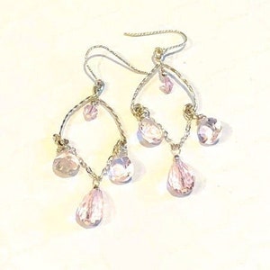 Handmade Morganite and Austrian Crystal Chandelier Earrings in Sterling Silver, Silver and Pink Statement Earrings