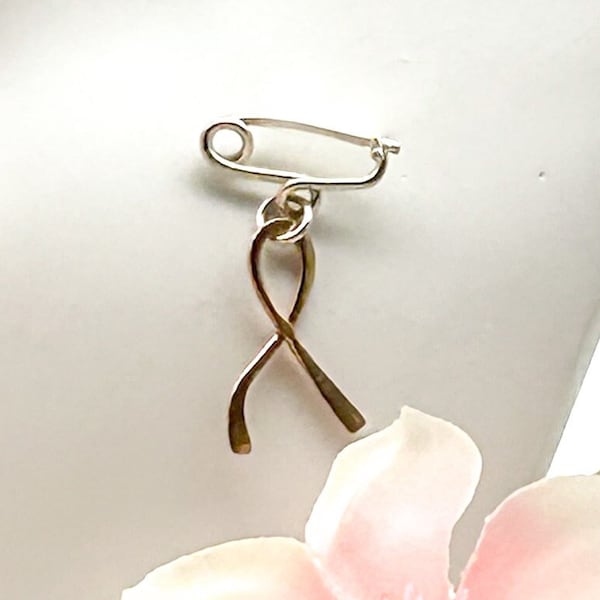 Handmade Rose Gold Filled and Sterling Silver Pink Ribbon Lapel Pin for Breast Cancer Fundraiser Pin