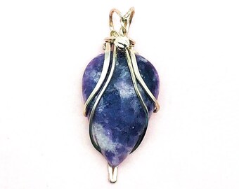 Natural Purple Lepidolite Teardrop Pendant in Sterling Silver: Wire Wrapped Healing Stone Jewelry