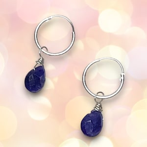 Minimalist Sapphire Hoop Earrings, Sterling Silver Hoop Earrings, Personalized September Birthstone Gift, 5th Anniversary