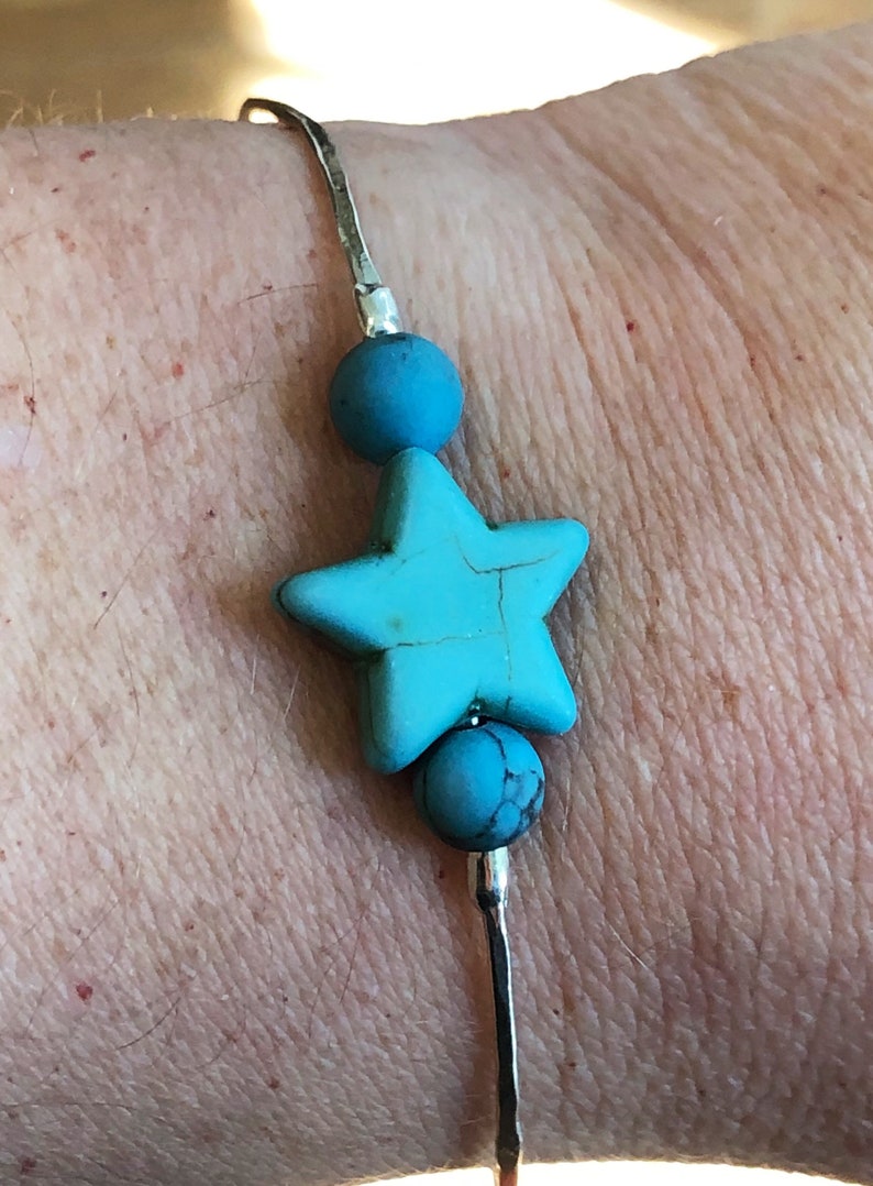December Birthstone 11th Wedding Anniversary Hammered Sterling Silver Bracelet with Turquoise
