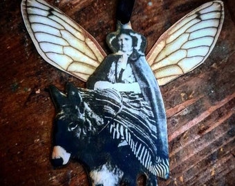 Wooden, Welsh lady fairy, upon her stallion , angel ornament,