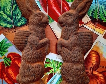 Black beeswax and cinnamon, Mr & Mrs bunny ornaments, the pair, 6.5 inches high