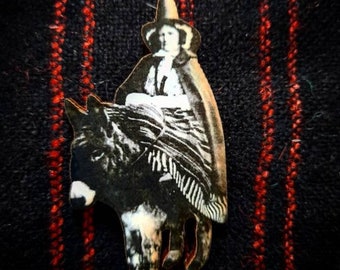 Brooch - Welsh Lady and her stallion,  wooden Brooch