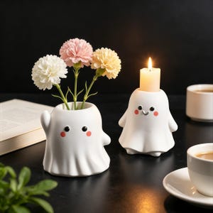 Könnte beinhalten: Zwei weiße, geisterförmige Keramikbehälter mit schwarzen Augen und rosa Wangen. Ein Geist dient als Vase mit drei künstlichen Nelken in Weiß, Rosa und Gelb. Der andere Geist fungiert als Kerzenhalter mit einer brennenden Stumpenkerze.