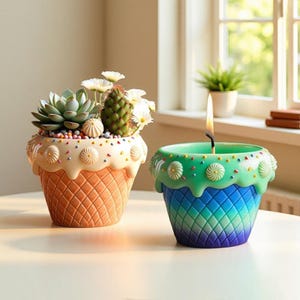 Op de afbeelding: Twee decoratieve items in de vorm van een ijshoorntje. Eén is een plantenbak met een vetplant en bloemen, de andere is een kaars. De plantenbak is oranje met een wafelkegelontwerp, bedekt met witte glazuur en hagelslag. De kaars is blauw en groen met een brandende lont.