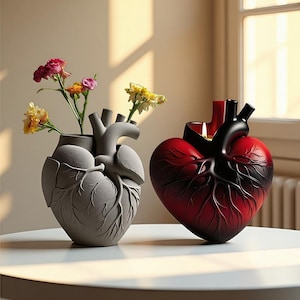 Può includere: Due oggetti decorativi a forma di cuore. Uno è un vaso grigio che contiene fiori colorati. L'altro è un portacandele rosso e nero. Entrambi gli oggetti sono su un tavolo bianco. Il vaso ha un design anatomico dettagliato.