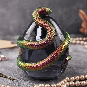 Puede incluir: Un recipiente negro con forma de huevo con una serpiente verde y púrpura iridiscente envuelta a su alrededor. La cabeza de la serpiente está levantada y el recipiente tiene un acabado brillante.