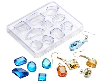 May include: A clear silicone mold with 10 different shapes for making resin earrings. The mold is filled with clear resin and there are several finished earrings in different colors and styles.