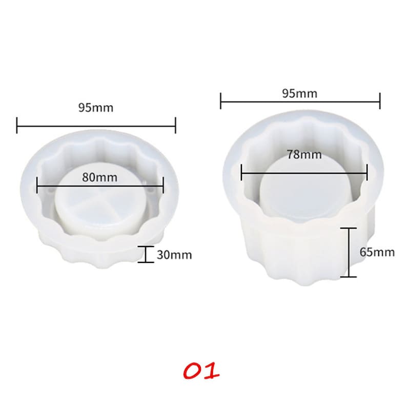 May include: Two white silicone molds for making candles. The larger mold is 95mm wide, 65mm tall, and has a 78mm diameter opening. The smaller mold is 95mm wide, 30mm tall, and has an 80mm diameter opening.