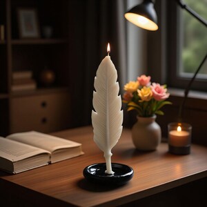 May include: A white feather-shaped candle with a lit wick, set in a black dish. The candle sits on a wooden desk, next to an open book, a small vase of flowers, and a lit candle in a glass. A black desk lamp is positioned above.