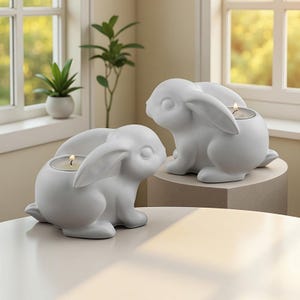 May include: Two white ceramic rabbit candle holders with lit candles. The rabbit figurines have long ears and are sitting on a table. The background includes a window and plants.