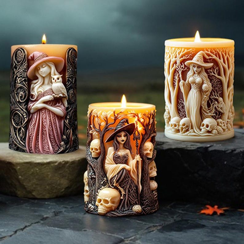 May include: Three decorative pillar candles with a Halloween theme. Each candle features a different witch figure with intricate details and a skull design. The candles are lit and casting a warm glow.
