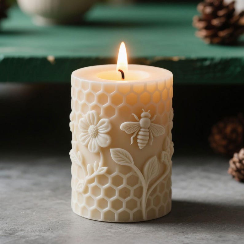 May include: A lit, ivory-colored pillar candle with a honeycomb pattern and embossed floral and bee designs. The candle's surface features a flower, a bee, and leaves. The candle is cylindrical and has a warm, inviting glow.