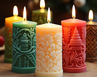 Cylinder Candle Silicone Mold-Christmas Pattern Candle Mold-Embossed Seaweed Candle Mold-Beeswax Pillar Candle Mold-Soy Wax Candle Mold