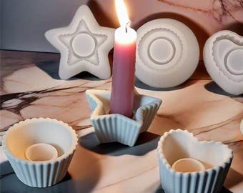 Round Candlestick Silicone Mold-Taper Candle Holder Mold-Striped Star Heart Base Mold-Concrete Candle Tray Mold-Jesmonite Plaster Decor Mold