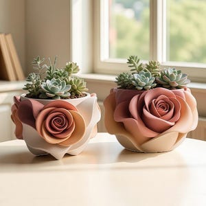 May include: Two rose-shaped succulent planters. The planters feature petals in pink, peach, and cream. Each planter holds a selection of green and blue-green succulents. The planters are a decorative item for the home.