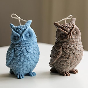 May include: Two owl-shaped candles, one blue and one brown, with detailed feather patterns. The candles have a simple, rustic aesthetic and are perfect for adding a touch of whimsy to any home decor.