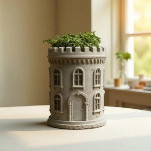 May include: A grey, castle-shaped planter with a crenellated top and arched windows. The planter is filled with green plants. The design includes a detailed door and window frames, creating a miniature castle aesthetic. The planter is made of a concrete-like material.