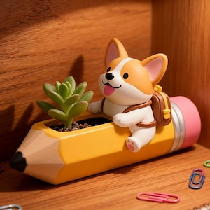 以下が含まれることがあります： 黄色い鉛筆型のプランターに、リュックサックを背負った笑顔のコーギー犬の置物。プランターには小さな緑色の多肉植物が入っています。鉛筆にはピンクの消しゴムと黒い先端が付いています。