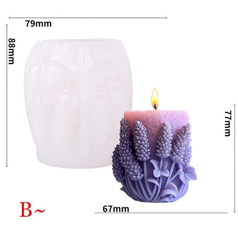 May include: A lavender-colored candle with a floral design, measuring 67mm wide and 77mm tall, next to a clear, flower-shaped mold, 79mm wide and 88mm tall. The candle is lit with a yellow flame.